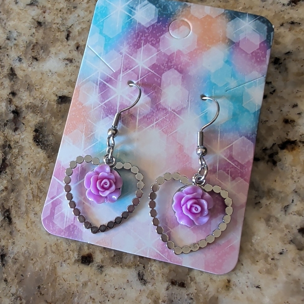 5 For $25.00- Silver Heart Earrings with Purple Rose